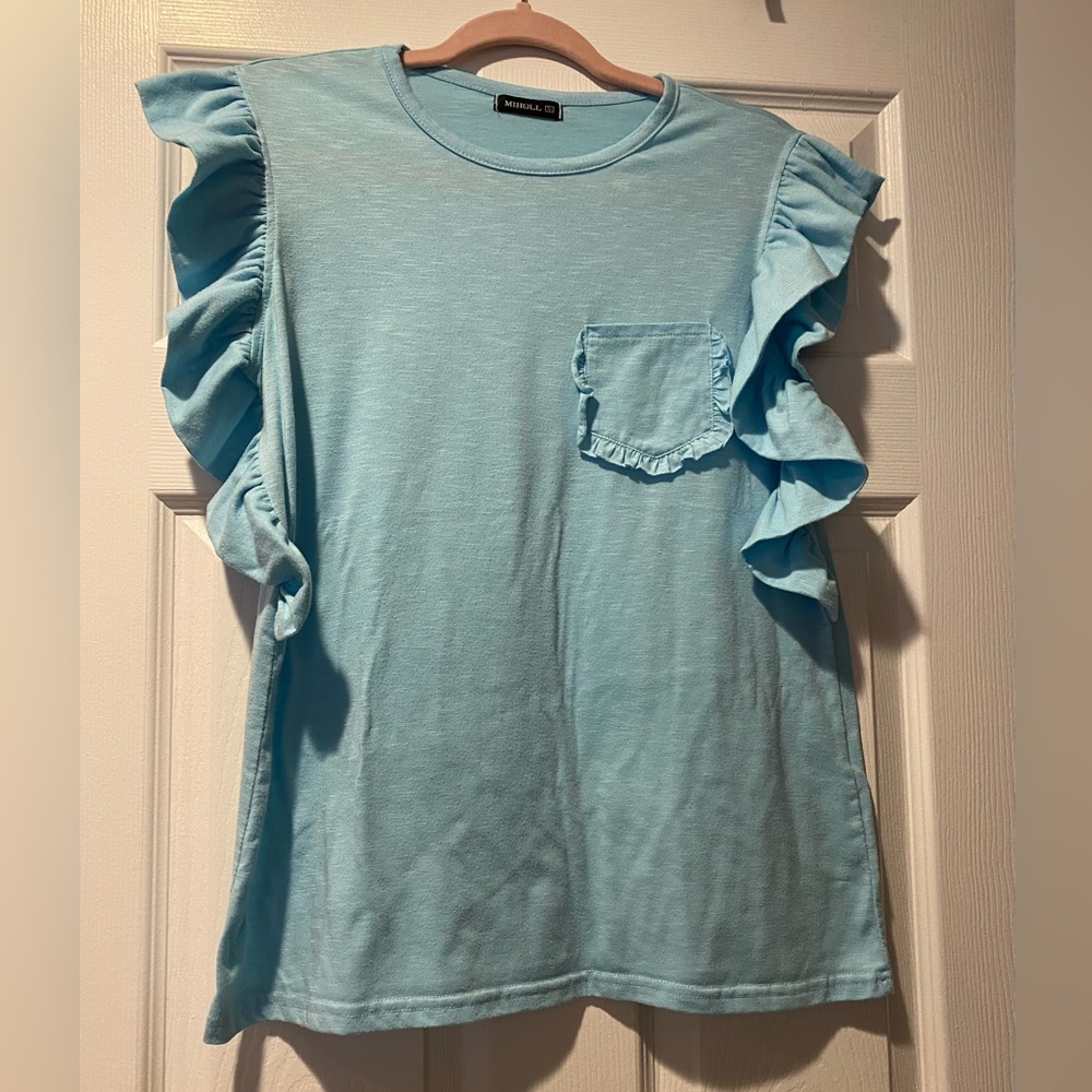 Light Blue Ruffle Sleeve Tank Top
